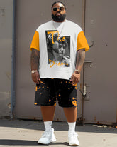 Men's Plus Size Casual Vintage Art David Like Alphabet Print T-Shirt Shorts Suit